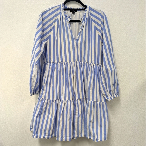 J. Crew Striped Blue/White Tiered Popover Cotton Dress sz M Preppy Minimalist - Picture 8 of 12